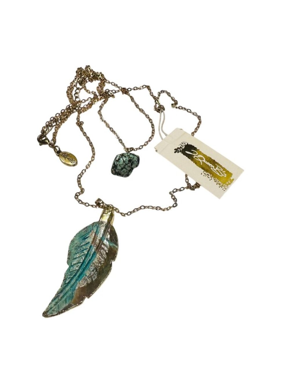 Handcrafted Boho Double Tier Necklace With Carved Turquoise Feather Pendant